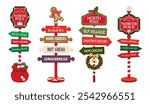 Set of Christmas road signs with arrows and inscriptions. North pole, Santa