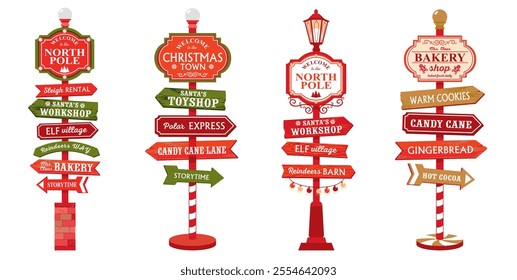 A set of Christmas road signs. North Pole road signs with arrows and inscriptions. Pointers  Santa's  workshop, elf village, polar express, gingerbread and more. Illustrated vector clipart.