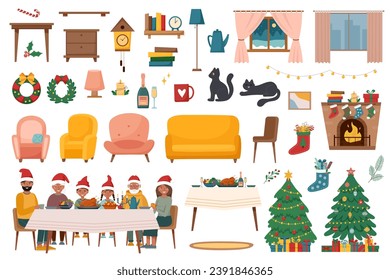 Set of Christmas room interior objects. 