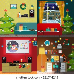 Set of christmas room interiors. Christmas tree, gift and decoration. Home desk with a chair and a computer. Sofa and a home theater. Flat cartoon vector illustration