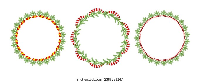 Set of Christmas round floral wreath frame. Spruce evergreen branch, poinsettia and holly berry. Winter holiday decoration for greeting cards, poster and templates. Flat cartoon vector icon.