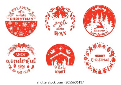 Set of Christmas round signs with greeting quotes and words. Christmas symbols with saying. Winter holiday emblem designs. Festive badges and cards.