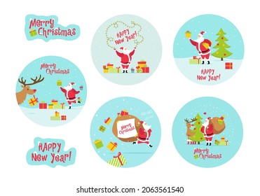 Set of Christmas round stickers with Santa, gifts, deer. Happy New Year! Merry Christmas! Vector flat illustration