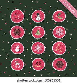 A set of Christmas round stickers, scrapbook, gift tags with snowman, tree, snowflakes and Christmas elements in green, pink and white colors with green background for Christmas greeting holiday.