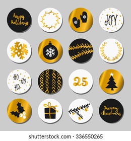 A set of Christmas round stickers/gift tags/cake toppers. Traditional Christmas design elements in black, white and gold. 