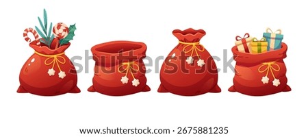 Set of Christmas sack, Santa bag on white background. Red bag with gifts, empty, closed. Vector cartoon flat illustration