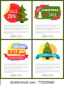 Set of Christmas sale advertisement cards with lolipop and New Year tree on circle or octagon background with text on the right, vector illustration