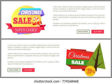 Set of Christmas sale advertisement cards with lolipop and New Year tree on circle or octagon background with text on the right, vector illustration