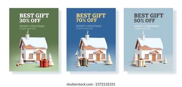 Set of Christmas sale banners with 3d illustration of ginger cookie house in sugar snow and reindeer, gift box and fir tree 3d illustration, isolated template collection