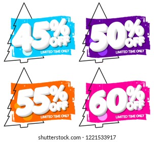Set Christmas Sale banners design template, discount tags, app icons, grunge brush with Xmas tree, vector illustration