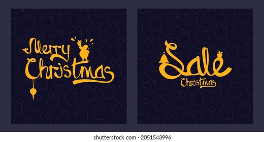 Set of Christmas sale cards. Merry Christmas greeting card on a dark background.