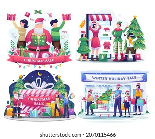 Set of Christmas Sale concept illustration with Santa Claus and family celebrates holiday Christmas and new year. Family shopping at the supermarket with their children. Flat vector illustration