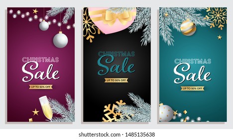 Set of Christmas Sale design with presents, Christmas toys and champagne on background of different colors. Up to fifty percent letterings can be used for posters, leaflets, announcements