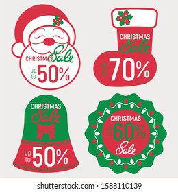 SET OF CHRISTMAS SALE FIGURE LABLES IN FORM OF A BELL, CHRISTMAS WREATH, STOCKING, SANTA HEAD