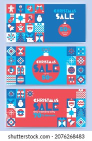 Set of Christmas sale flyers in scandinavian style with discount and special offer. Geometric mosaic winter symbols, icons. Creative modern concept. Banner, invitation, vaucher