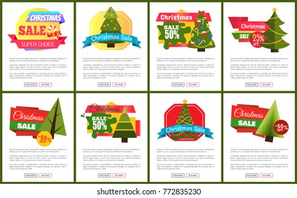 Set of Christmas sale hot price 50 percent off posters vector illustration with cute New Year trees, festive toys, bright ribbons, ad messages push-buttons