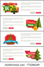 Set of Christmas sale hot price 50% off posters vector illustration with cute New Year trees, festive toys, bright ribbons, ad messages push-buttons