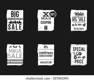 Set of Christmas sale ink, watercolor banners, labels, badges, stamps with a winter shopping tag, snowflake, reindeer. New year discount coupons, card. Hand drawn design. Vector illustration