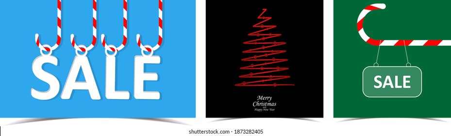 Set of Christmas sale and Merry Christmas and Happy New Year banners. Cool design for greeting card, postcard, background, web poster, poster, promo, discount, special offer