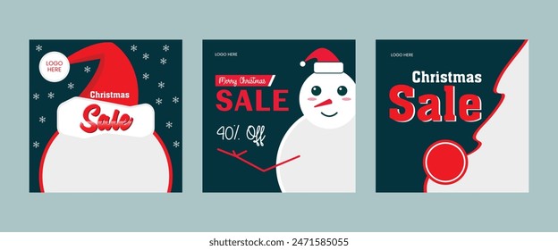 Set of Christmas sale post template, Social media post, Merry Christmas, Vector design, Santa hat, Snow man, Christmas tree