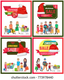 Set of Christmas sale premium quality banners, vector illustration with ad text, red Santa`s hats, many people holding various purchases, color frames