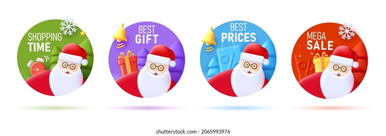 Set of Christmas sale price tags with Snta claus illustration and mono chrome objects in circle shape