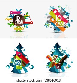 Set of Christmas sale or promotion price tags, New Year tree with labels and your message. Vector illustration
