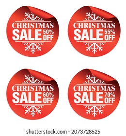 Set of Christmas sale red stickers. Christmas sale 50%, 55%, 60%, 70% off. Vector illustration