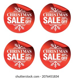 Set of Christmas sale red stickers. Christmas sale 10%, 20%, 30%, 40% off. Vector illustration