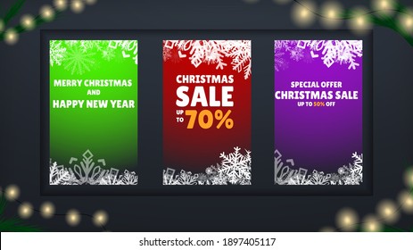 Set Christmas Sale. Christmas Shop Now. Many Different New Year Gifts on The Festive Background. Merry Christmas and Happy New Year. Colored. Winter Holidays Set Realistic gifts. Vector Illustration