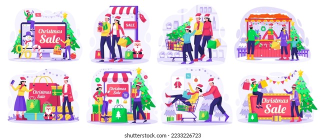 Set of Christmas Sale and Shopping concept illustration with People doing shopping on Christmas Day. Vector Illustration in Flat Style