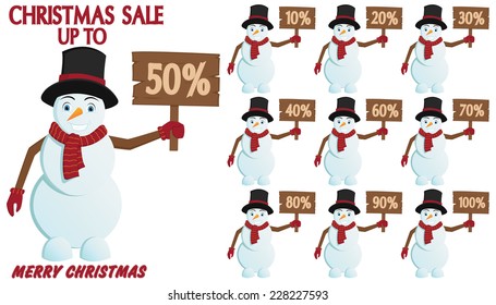Set Of Christmas Sale With Snowman Holding A Discount Board