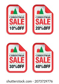 Set of Christmas sale stickers. Christmas sale 10%, 20%, 30%, 40% off. Stickers with shopping package icon, Christmas tree icon. Vector illustration