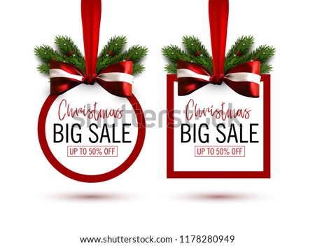 Set of Christmas sale stickers with bow and christmas tree branches. Holiday sale banner. Vector christmas template