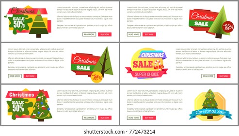 Set of Christmas sale super choice half cost cards vector illustration with multicolored stickers, text sample, New Year trees, isolated on white