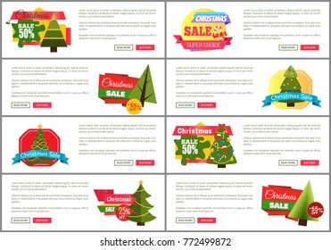 Set of Christmas sale super choice half cost cards vector illustration with multicolored stickers, text sample, New Year trees, isolated on white