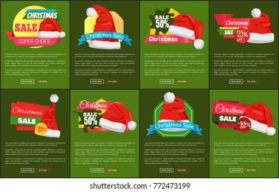 Set of christmas sale super choise ad banners vector illustration with pretty Santa`s hats, cute ribbons, text sample isolated on green backgrounds