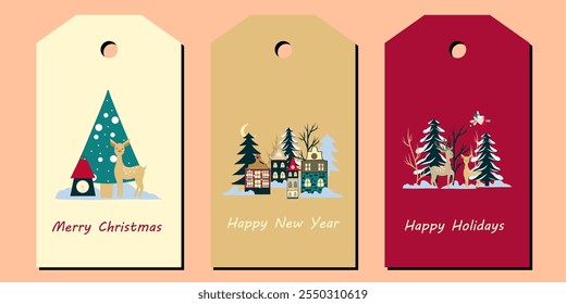 Conjunto de Navidades de venta de etiquetas e insignias aisladas sobre fondo claro. Emblemas para el empaque de regalos de Navidad. Patrón, lugar de texto, felicitaciones.