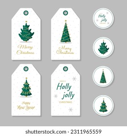 Set of Christmas sale tags with cute scandinavian tree. New Year night discount. Vector illustration in cartoon style. Holiday backgrounds with festive elements.