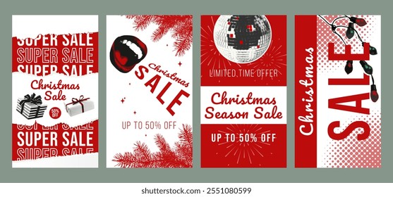 A set of Christmas sale vector social media templates. Vintage style with red and white color scheme and halftone effect. Perfect for holiday promotions and marketing.