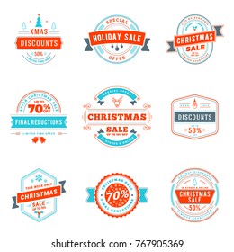 Set of Christmas sale vintage badges. Typographic vector design elements for promotional discount banner, holiday shopping