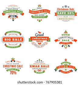 Set of Christmas sale vintage badges. Typographic vector design elements for promotional discount banner, holiday shopping