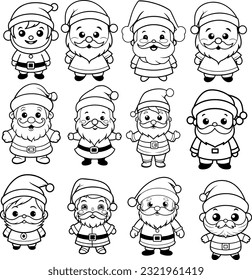 set of Christmas Santa Claus .2d outline, simple vector line art drawing childrens coloring page in the style of Kawaii santa on white background