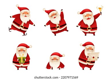 Set of Christmas Santa Claus characters in different activities cartoon vector illustration
