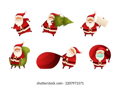 Set of Christmas Santa Claus characters carrying Christmas tree, pulling sack of gifts and holding blank signboard cartoon vector illustration