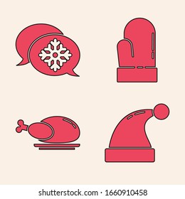 Set Christmas Santa Claus hat, Snowflake with speech bubble, Christmas mitten and Roasted turkey or chicken icon. Vector