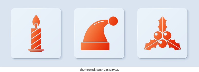 Set Christmas Santa Claus hat, Burning candle in candlestick and Branch viburnum or guelder rose. White square button. Vector
