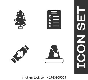 Set Christmas Santa Claus hat, tree, Candy and New year goals list icon. Vector
