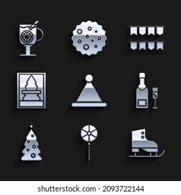 Set Christmas Santa Claus hat, Lollipop, Figure skates, Champagne bottle and glass of champagne, tree with decorations, postcard, Carnival garland flags and Mulled wine drink icon. Vector