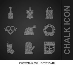 Set Christmas Santa Claus hat, mitten, Calendar, wreath, stocking, Pretzel, shopping bag and Champagne bottle icon. Vector